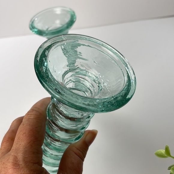 La Mediterranea Recycled Aqua Coloured Glass Candle Stick Holders Pair - Picture 8 of 12